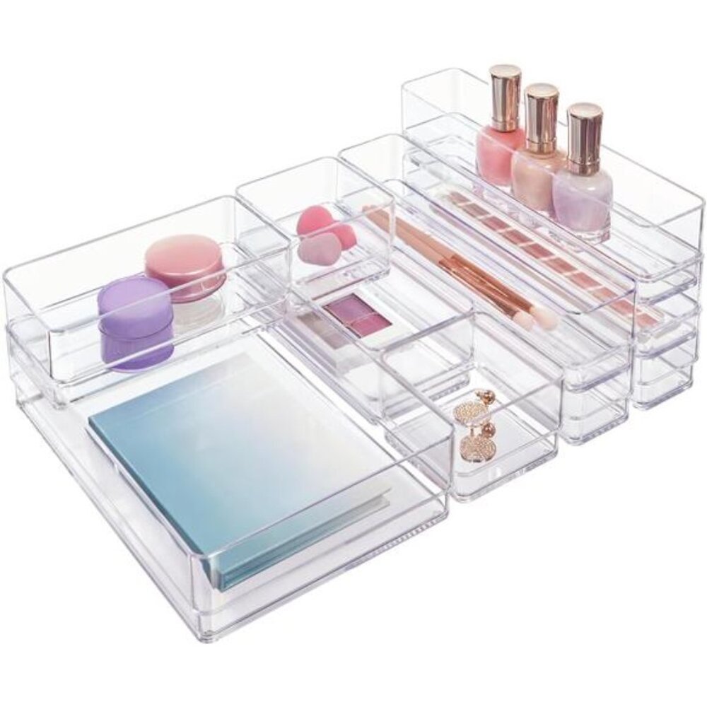 10-Piece Stackable Clear Drawer Organizer Set | Multi-size Trays | Makeup Vanity